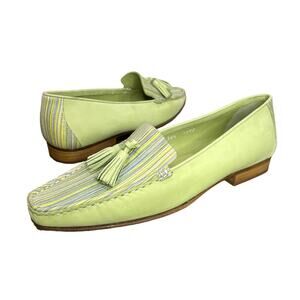 Cocquette Size 38.5 Slip On Loafers Soft Leather Lime Green Stripe Tassel Flats